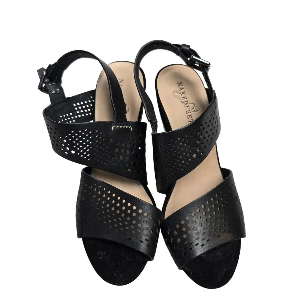 Naked Feet Leo‎ Sandals Womens 8.5 Black Leather Block Heel Laser Cut